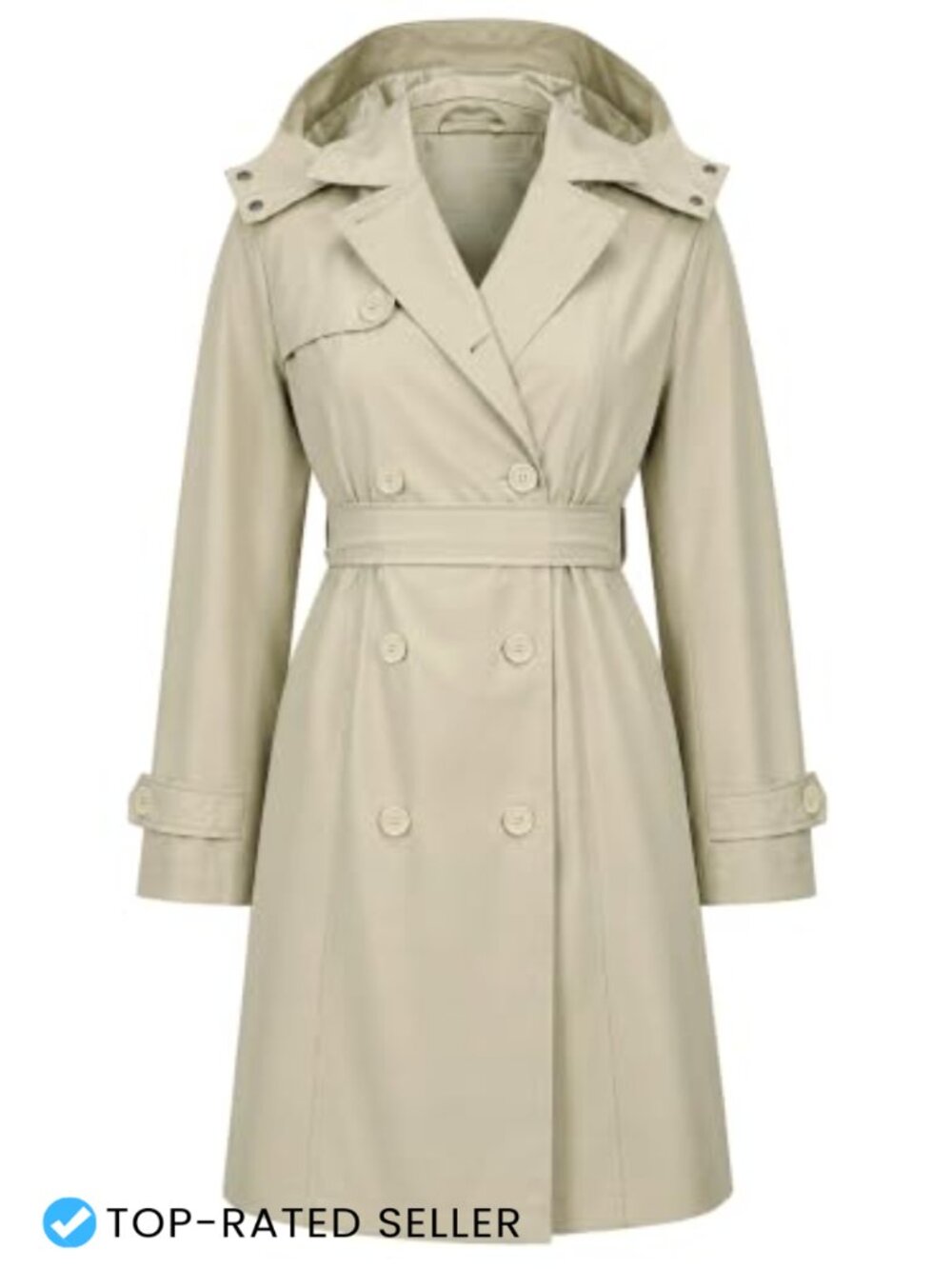 Women's Double Breasted Trench Coat Detachable Hood Belted Water Repellent